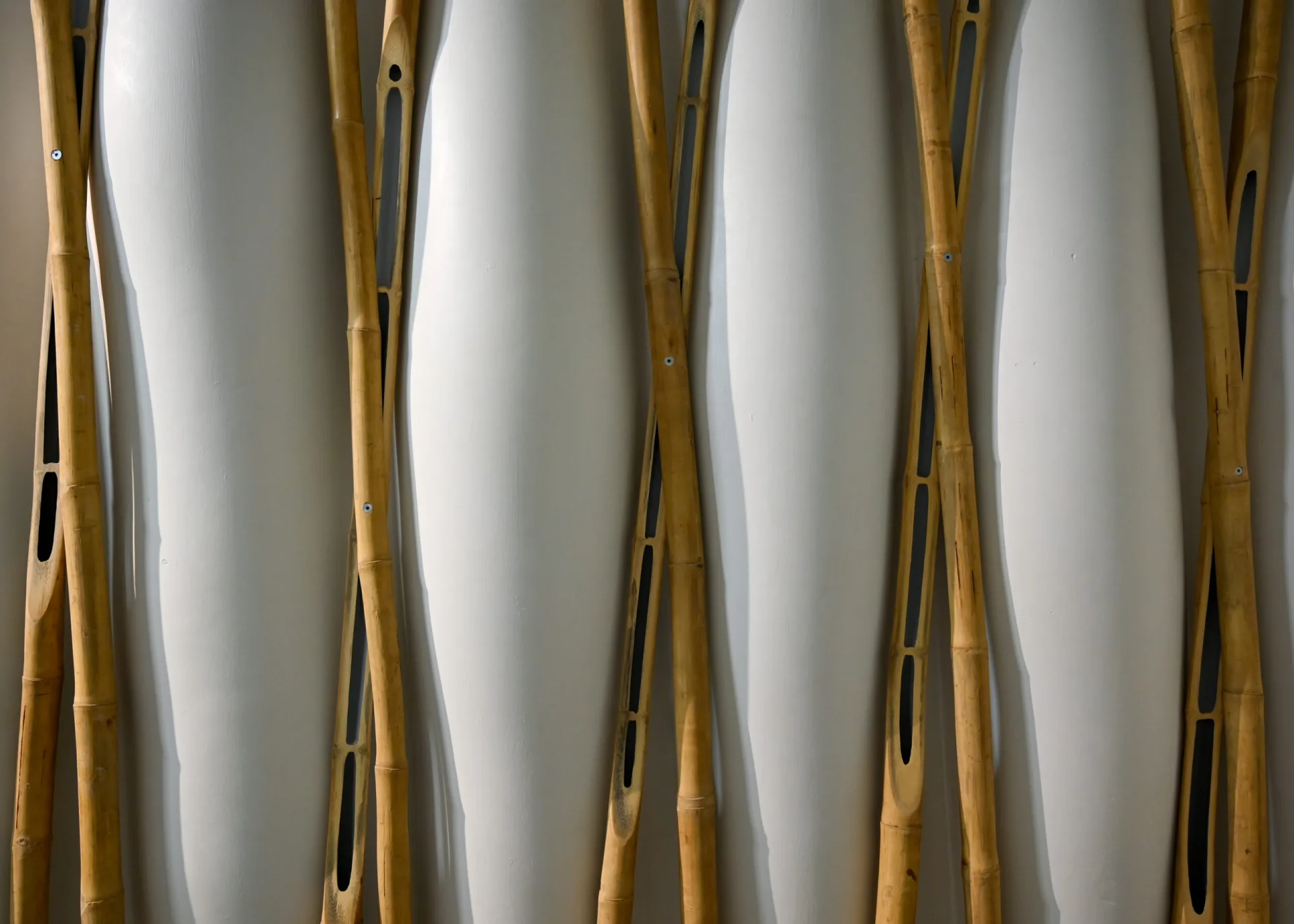 Bamboo poles frame white curved wall panels.